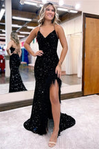 Elegant V Neck Evening Dress with Sequins Long Mermaid with Feather BM bride