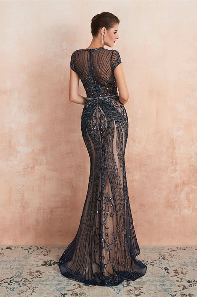 Glamorous Jewel Neck Short Sleeve Mermaid Prom Dress with Beadings BM bride