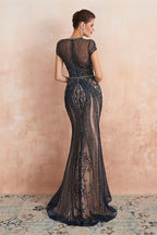 Glamorous Jewel Neck Short Sleeve Mermaid Prom Dress with Beadings BM bride