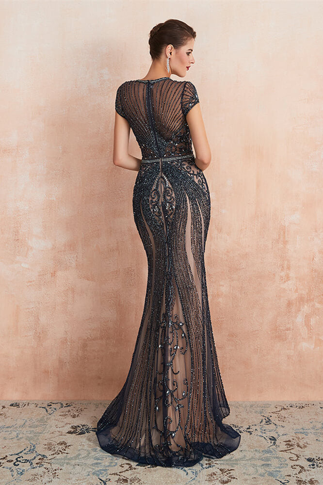 Elegant Short Sleeve Jewel Neck Mermaid Prom Dress With Beading