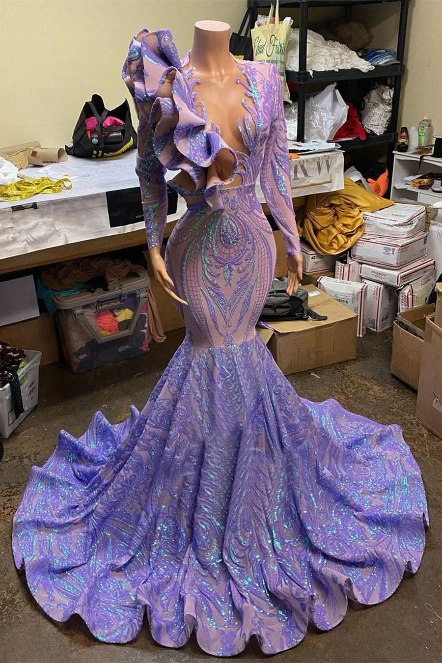 Lavender Long Sleeves Deep V Neck Appliques Mermaid Prom Dress BM bride