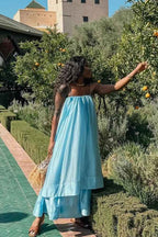 Sky Blue Spaghetti Strap Sleeveless Long Prom Dress With Ruffles