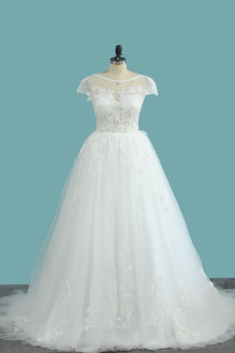 Bateau A-Line Backless Floor-Length Wedding Dress with Lace Appliques and Tulle BM bride