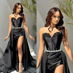 Glamorous Black Strapless Prom Dress with Belt Split Design BM bride