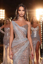 Sleeveless Prom Dress One Shoulder Sequins With Beading Long
