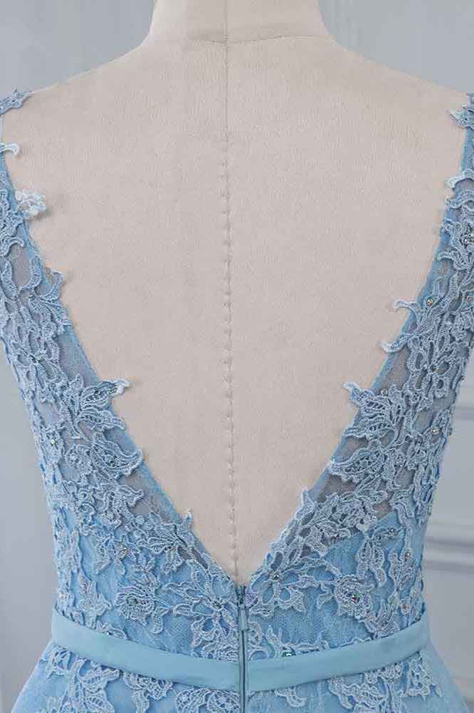 Sky Blue Scoop Sleeveless Prom Dress Long With Lace Appliques