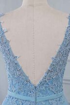 Sky Blue Scoop Sleeveless Prom Dress Long With Lace Appliques