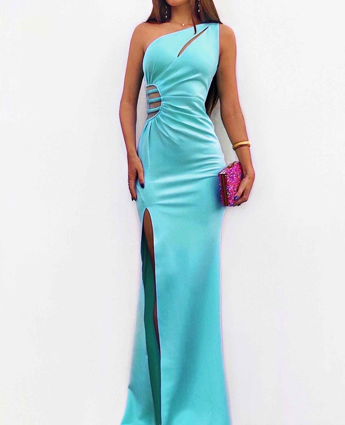 Sexy One Shoulder Sleeveless Mint Green Long Prom Dress With Split