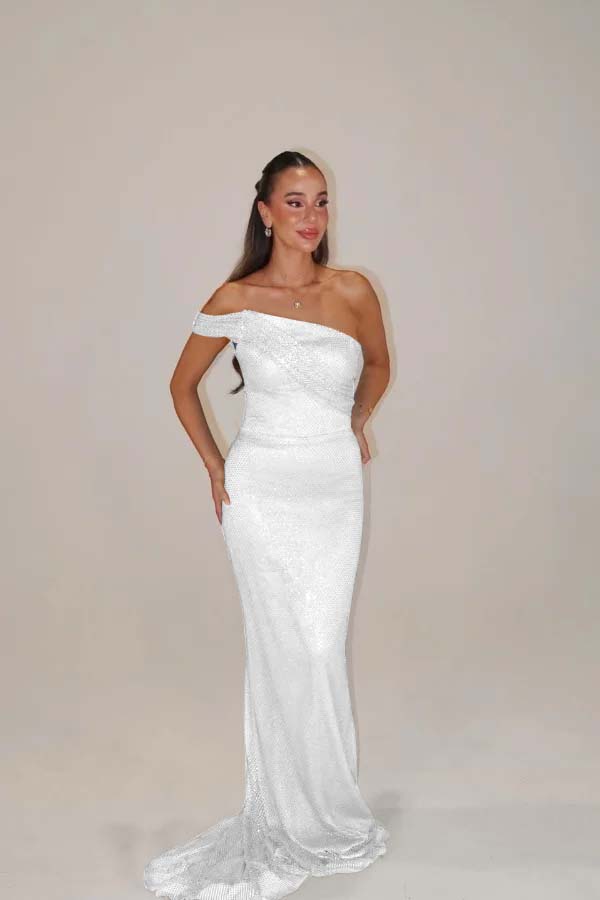 Sequins One Shoulder Sleeveless Long Mermaid Prom Dress With Pleated BMBRIDE