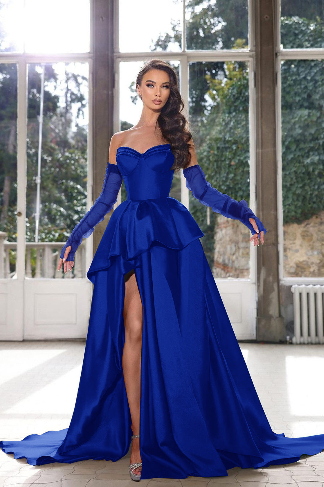 Glamorous Half Sleeves Ink Blue Prom Dress Strapless With High Split Gown BMBRIDE