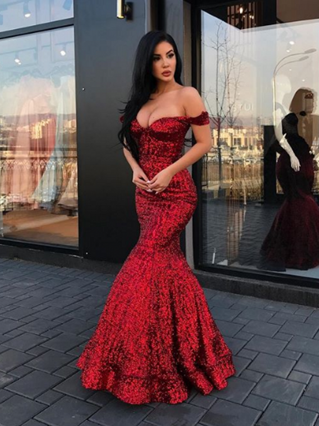 Sequins Off-the-Shoulder Mermaid Prom Dress BM bride