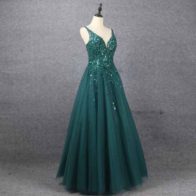 Emerald V Neck Floor Length Prom Dress A Line Sleeveless With Appliques