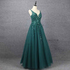 Emerald V Neck Floor Length Prom Dress A Line Sleeveless With Appliques
