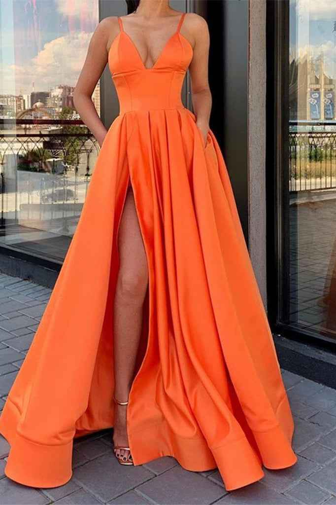 Spaghetti Strap Sleeveless V Neck Long Prom Dress Front Split With Pockets