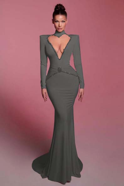 High Neck Long Sleeves Long Mermaid Prom Dress With Sequins BMBRIDE