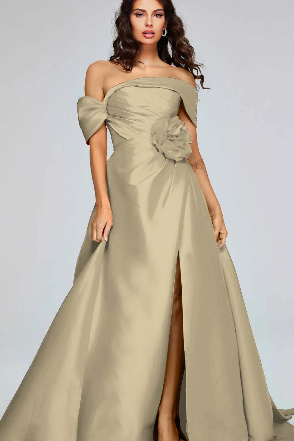 Off the Shoulder Sleeveless Long Split Prom Dress With Pleated BMBRIDE
