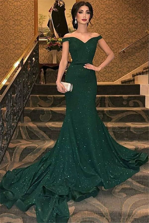 Dark Green Off-the-Shoulder Mermaid Evening Dress BM bride