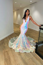 Halter Neck Sequins Sleeveless Mermaid Princess Prom Dress Sleeveless Laser Light Trumpet
