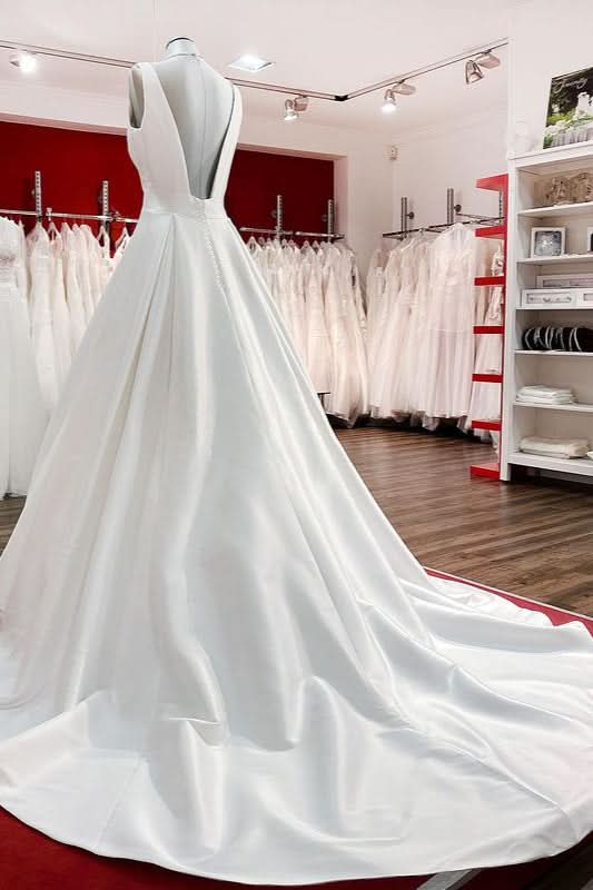 Long A-Line V-Neck Satin Open Back Wedding Dress with Ruffles BM bride