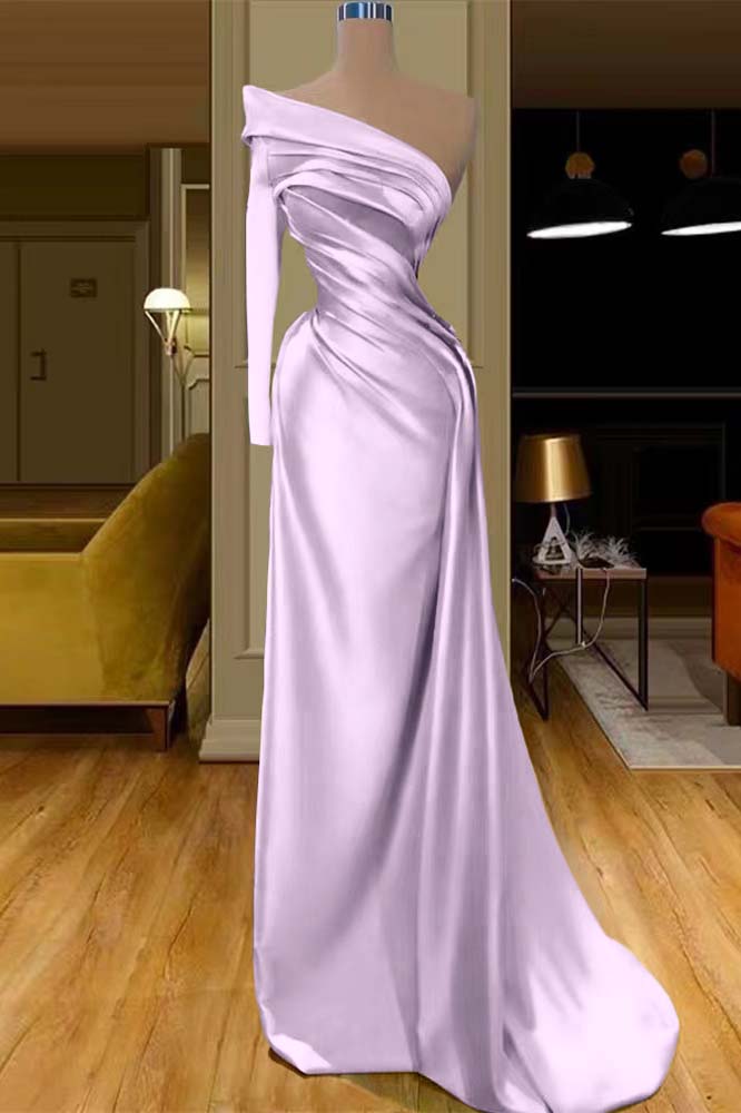 Glamorous One Shoulder Champagne Long Sleeve Prom Dress Mermaid With Pleated