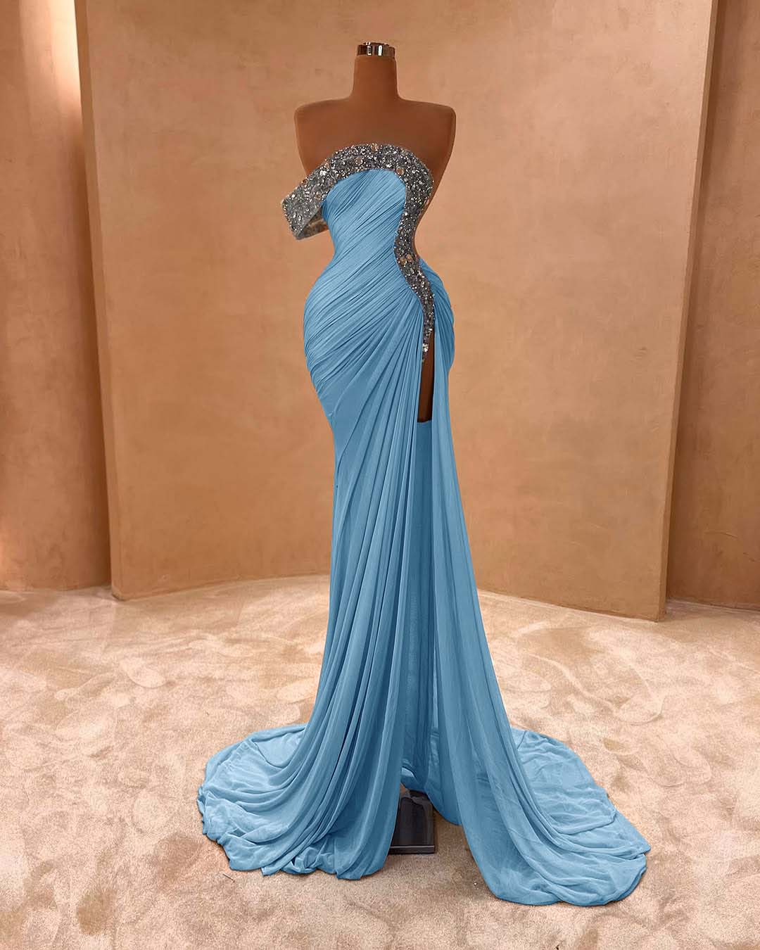 One Shoulder Sleeveless Long Split Prom Dress With Pleated Sequins BMBRIDE