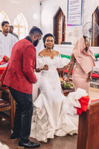 Sweetheart Bubble Sleeve Applique Mermaid Wedding Dress with Cathedral Train BM bride