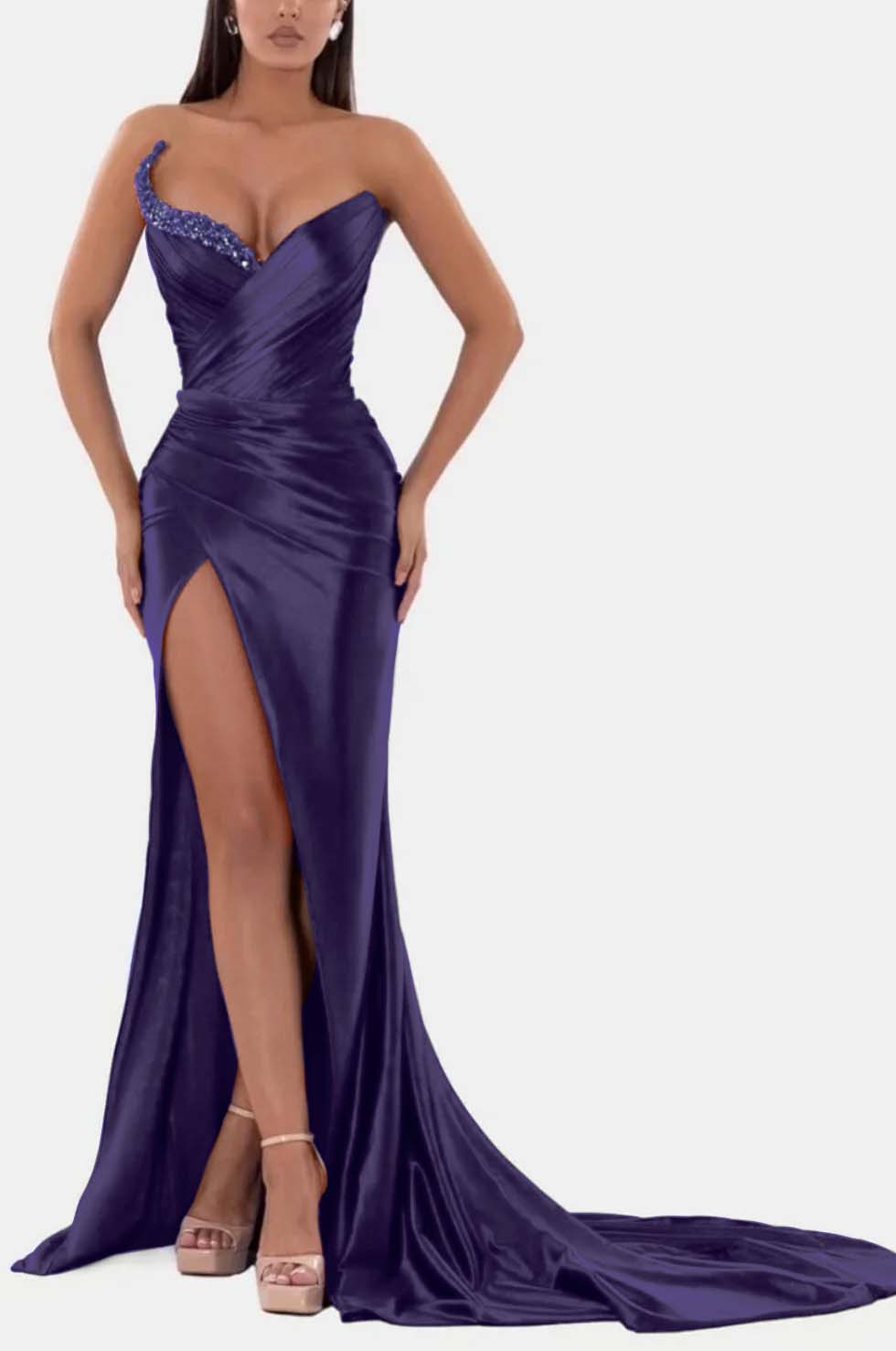 Sexy Royal Blue Prom Dress V Neck With High Slit Pleated Strapless Sleeveless BMBRIDE