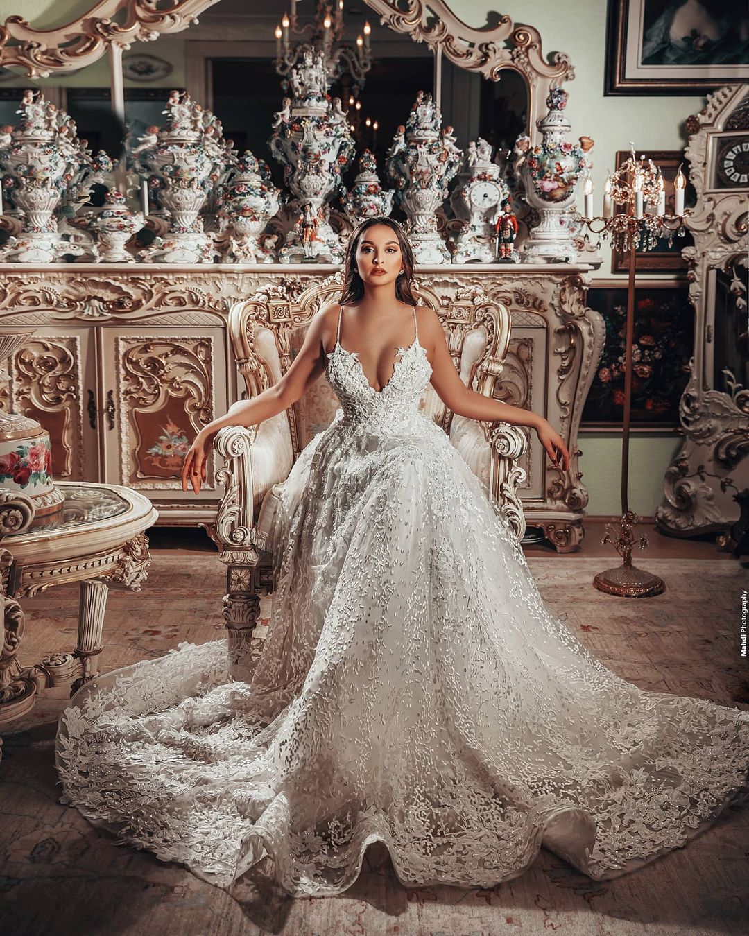 Gorgeous Long A-Line V-Neck Wedding Dress with 3D Floral Lace BM bride