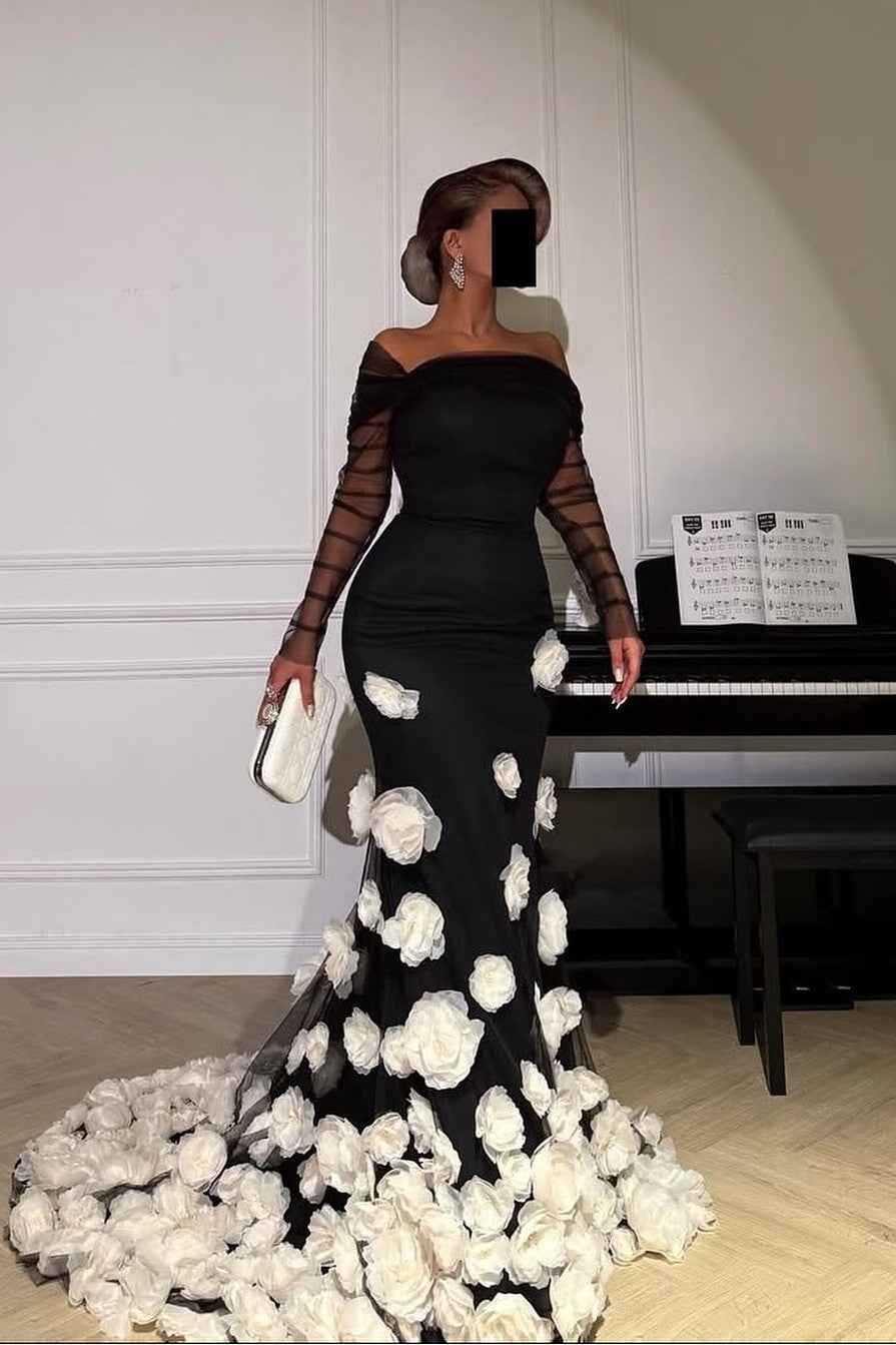 Off the Shoulder Long Sleeves Long Mermaid Prom Dress With Appliques