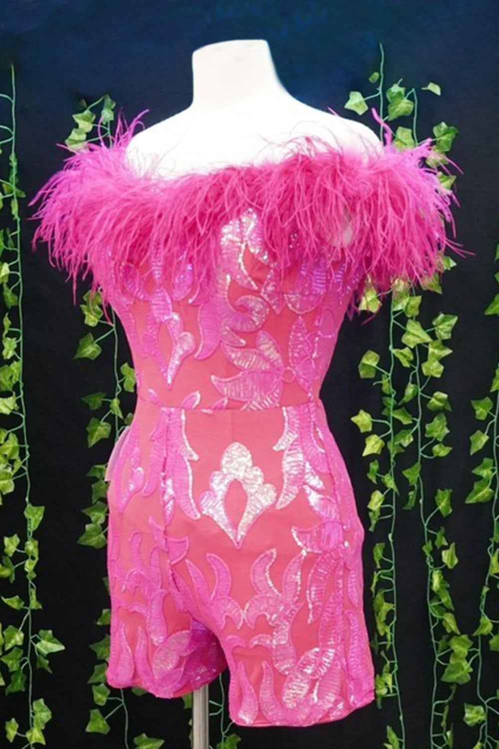 Sparkly Fuchsia Sequins Tight Short Hoco Jumpsuits with Feathers Bmbride