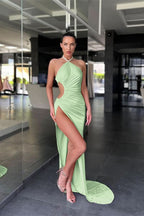 Pink Halter Sleeveless Mermaid Prom Dress with Long Split BM bride