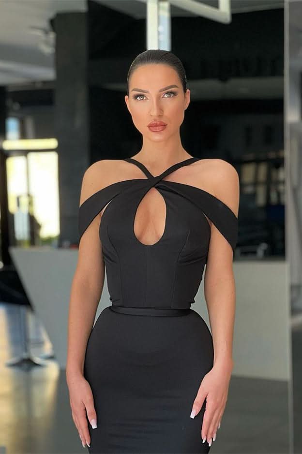 Off-the-Shoulder Black Halter Mermaid Evening Dress BM bride