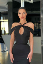 Black Halter Off the Shoulder Mermaid Prom Dress With Pleated