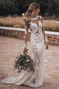 Long Sleeve Column Backless Mermaid Tulle Wedding Dress with Lace Appliques BM bride