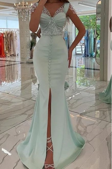 Sleeveless Long Mermaid Front Split Prom Dress With Beading