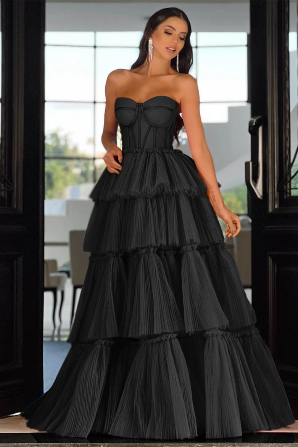 Elegant Sweetheart Strapless Prom Dress Long Sleeveless Layers Hot Pink BMBRIDE