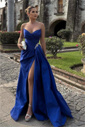 Royal Blue Strapless Sleeveless Deep V Neck Split Prom Dress With Pleated