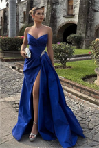 Royal Blue Strapless Sleeveless Deep V Neck Split Prom Dress With Pleated