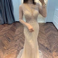 Luxury Champagne Sequin Beading Evening Dress with Long Sleeves and Backless Design BM bride