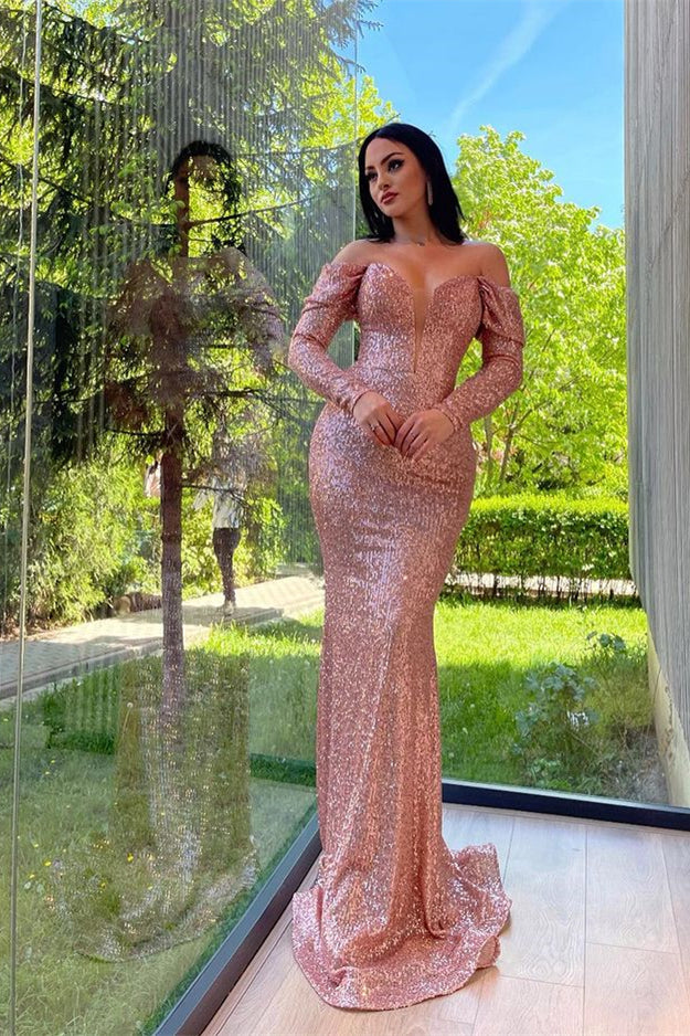 Elegant V-Neck Long Sleeves Mermaid Prom Dress with Sequins and Split BM bride