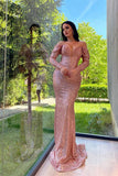 Elegant V-Neck Long Sleeves Mermaid Prom Dress with Sequins and Split BM bride