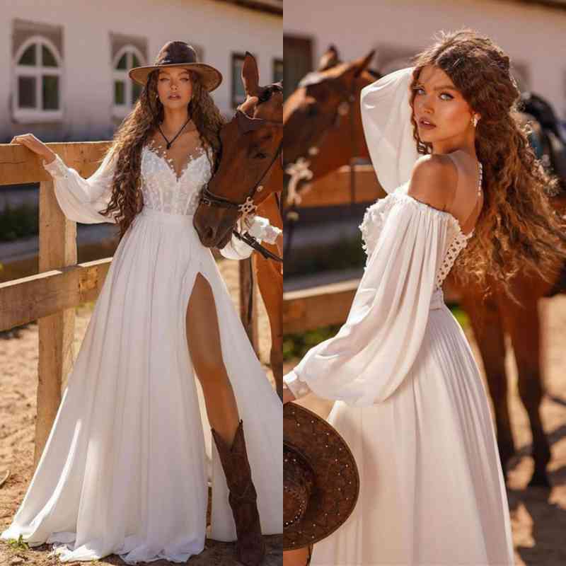 White Long Sleeve Wedding Dress with Lace and Split BM bride