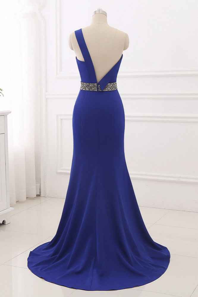 Royal Blue One Shoulder Sleeveless Mermaid Prom Dress With Beading