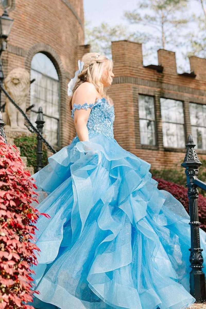Enchanting Blue Off-the-Shoulder Ruffle Tiered Tulle Long Prom Dresses,Formal Dresses,Prom Gowns,Women Formal Gowns,Quincea?Era Dresses,Cocktail Dresses,Prom Dress Custom Size with Appliques BM bride
