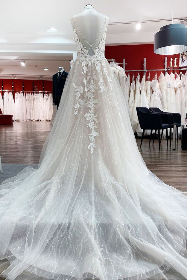 Princess V-Neck Spaghetti Strap Long Wedding Dress with Tulle Sequins and Lace Appliques BM bride