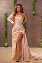 One Shoulder Mermaid Prom Dress Long Sleeves  Split With Ruffles