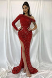 Red One Shoulder Sequins Mermaid Prom Dress with Split BM bride