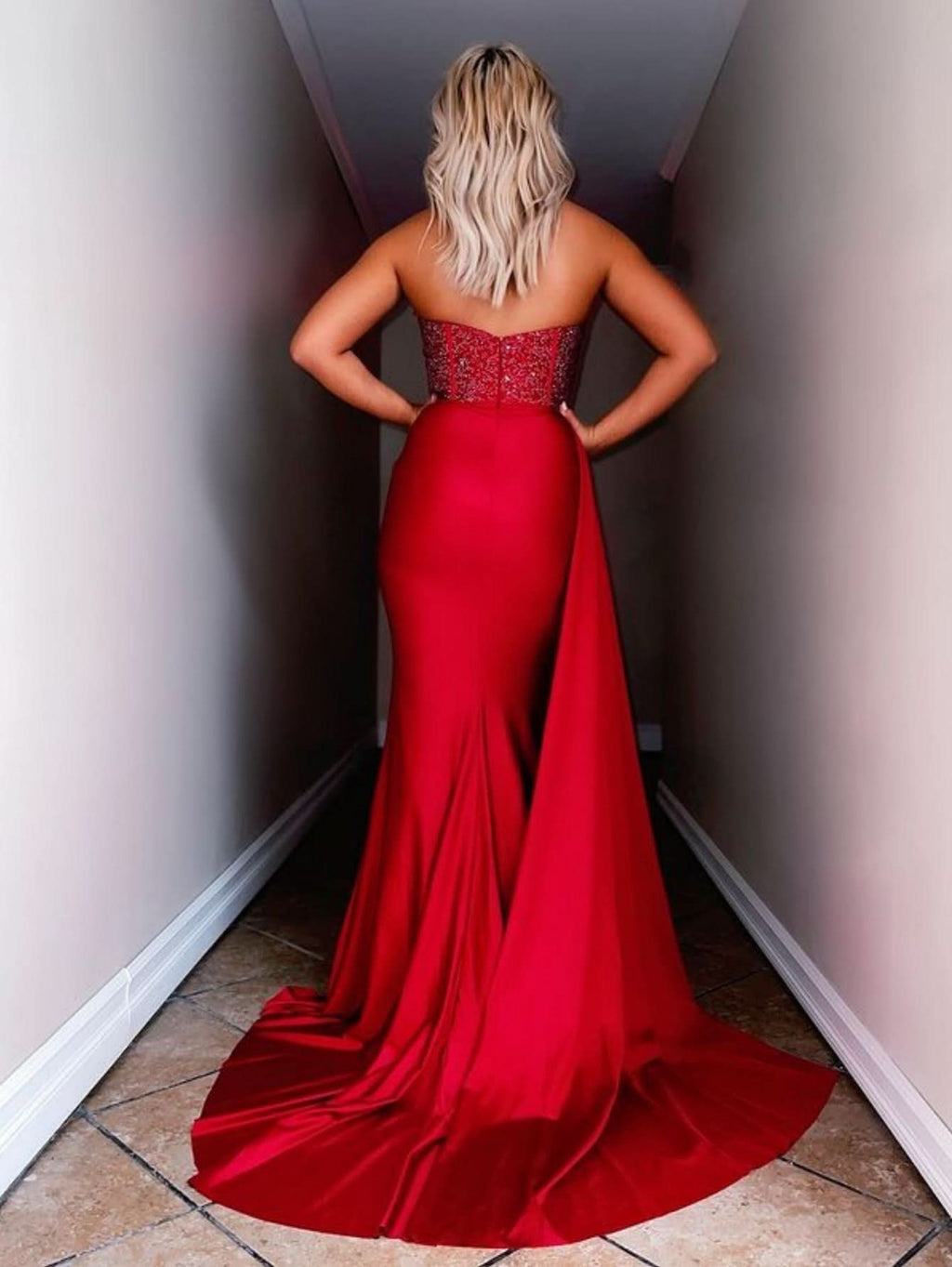 Elegant Red Strapless Satin Long Prom Dress with Slit BM bride