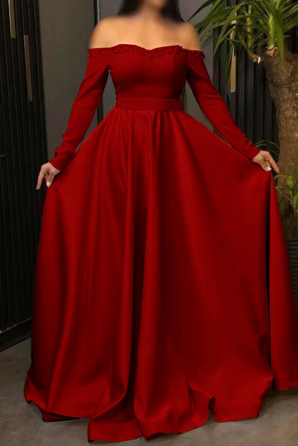 Off the Shoulder Long Sleeves Long Prom Dress With Pleated Beading BMBRIDE