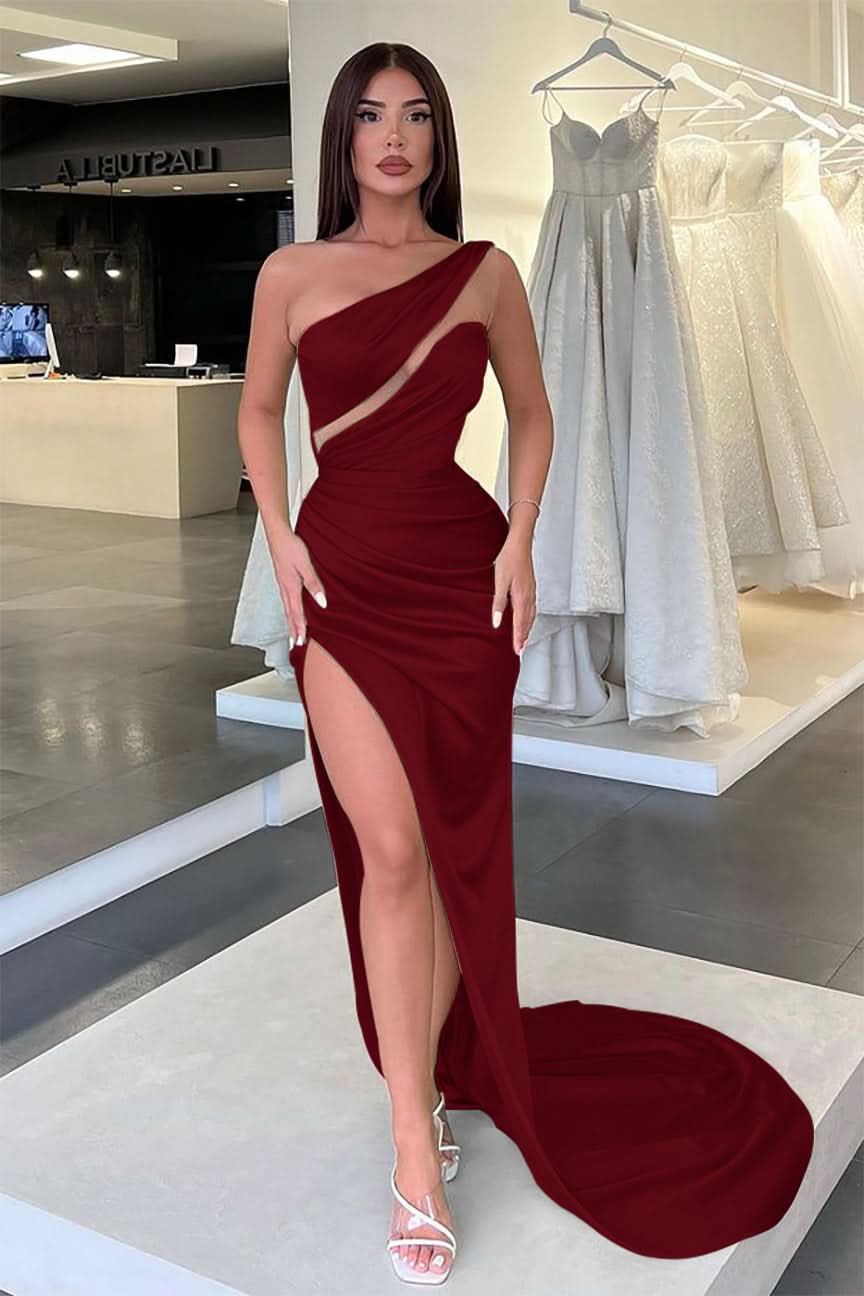 Light Green One-Shoulder Sleeveless Long Slit Evening Dress BM bride